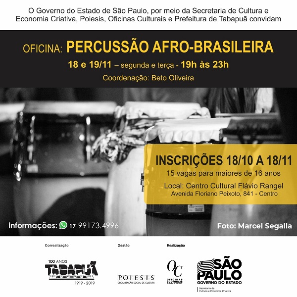 Oficina de Percurssão Afro-Brasileira acontecerá no Centro Cultural